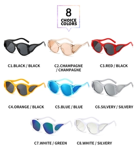 Collection of oval punk sunglasses showing eight color variants and unique winged frame designs