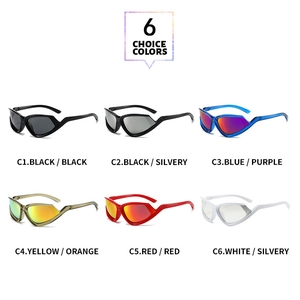 Matrix display of six colorful futuristic cat-eye sports sunglasses with mirrored lenses