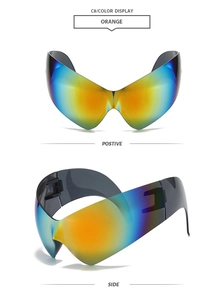Detail of oversized cat-eye futuristic sunglasses with colorful gradient mirror lenses