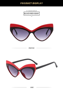 Détails de lunettes œil de chat bicolores rouge et noir avec des verres dégradés violets