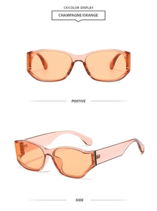 Detail view of champagne orange square sunglasses with translucent frames and tinted lenses