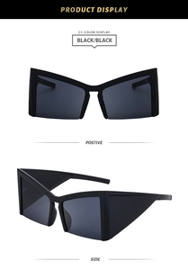 Front and side view of modern oversized cat-eye sunglasses in black geometric frames