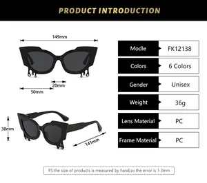 Detailed size chart for irregular cat-eye sunglasses with liquid drip design dimensions