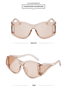Front and side view of trendy champagne oval sunglasses with unique winged frame detail
