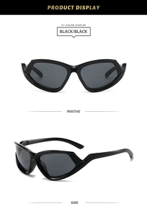 Front and profile views of stylish black cat eye sunglasses with wrap-around frames