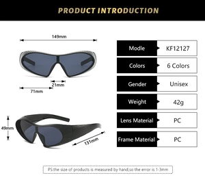 Detaillierte Maße der schwarzen Y2K Steampunk Sportsonnenbrille mit PC-Glas und Rahmen