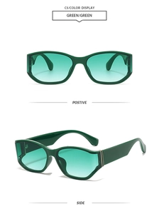 Detail view of square green sunglasses showing both positive and side frame angles