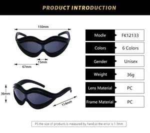 Detailed size chart and specifications for wavy punk sunglasses with PC frame measurements
