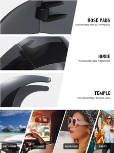 Close-up of cat-eye sunglasses nose pads and hinges with lifestyle usage scenes