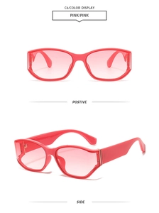 Front and side views of pink square sunglasses with translucent gradient lenses