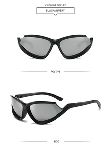Front and side view of sporty cat-eye sunglasses with black frames and silver lenses