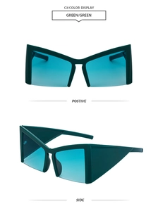 Front and side views of oversized geometric green cat-eye sunglasses with gradient lenses