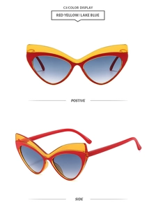 Détails de lunettes œil de chat avec monture rouge et jaune et verres dégradés bleus