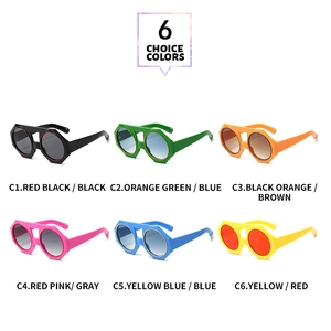 Collage of six geometric frame sunglasses in various colors with C1-C6 color coding