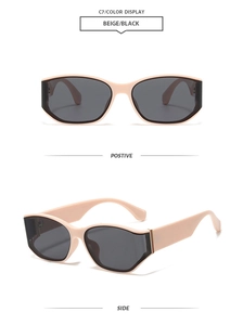 Beige square sunglasses with wide frames and dark lenses showing front and side views