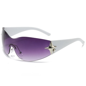 Y2K rimless sunglasses with purple gradient lenses and silver star accents on white temples