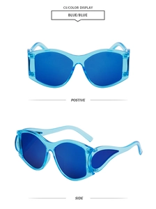 Detail view of blue oval sunglasses showing semi-transparent frame and side teardrop accent