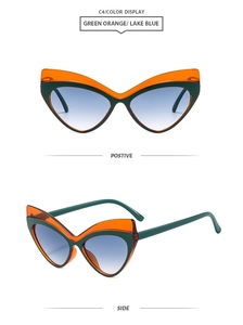 Détails des lunettes de soleil œil de chat bicolores vert orange et verres dégradés