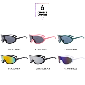 Six sport sunglasses in cyberpunk style with one-piece lenses in various color options