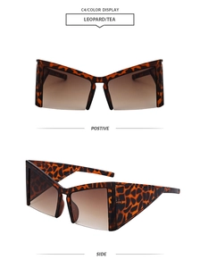 Detail view of leopard print cat-eye sunglasses with tea gradient lenses and geometric frame