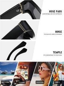 Detail of square black sunglasses showing reinforced metal hinges and ergonomic temples