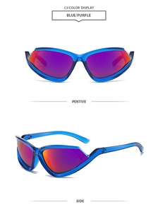 Detail view showing front and side of cyberpunk cat eye sunglasses with gradient lenses