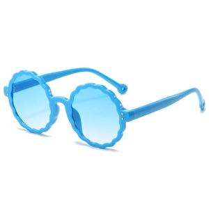 Blue round flower-shaped children's sunglasses with gradient lenses and wave edges