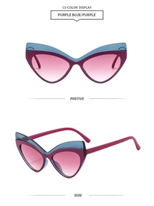 Détail de lunettes de soleil œil-de-chat violettes et bleues avec verres dégradés et profil