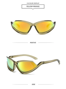 Front and side view of olive green cat-eye sunglasses with orange mirrored lenses