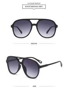 Dual-view of classic aviator sunglasses showing positive and side profile with grey lenses