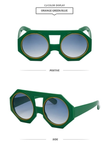 Front and side views of avant-garde octagonal sunglasses with orange and green frame