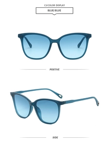 Detailed view of women's cat-eye sunglasses featuring translucent blue frames and lenses