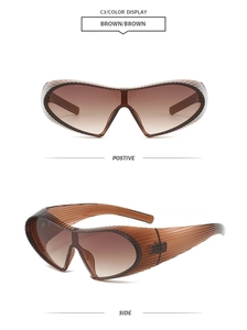 Detailansicht der braunen Steampunk-Sonnenbrille mit vertikalen Texturen und Verlaufsgläsern