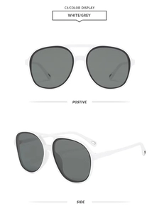 Front and side views of vintage double-bridge sunglasses with white frames and grey lenses