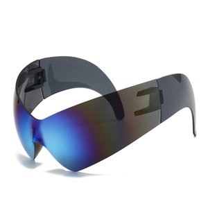 Futuristic wrap-around cat eye sunglasses with blue-purple gradient mirrored lenses