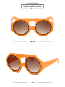 Detail view of octagon orange sunglasses with brown gradient lenses and double bridge design
