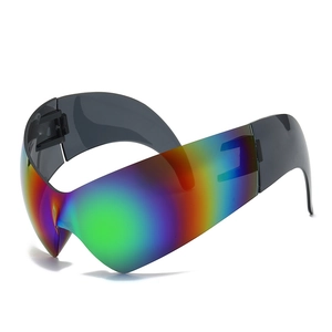 Futuristic cat-eye wraparound sunglasses with iridescent lenses and streamlined frame