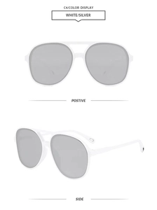 White aviator sunglasses with silver mirrored lenses and classic double bridge frame