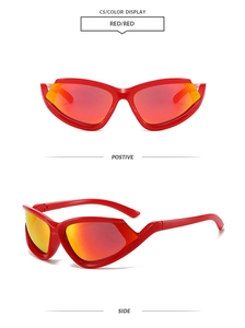 Front and side views of red wrap-around cat-eye sunglasses with orange mirrored lenses