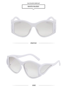 Front and side view of white punk oval sunglasses with futuristic thick wavy frames