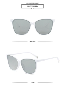 Detail of white butterfly frame sunglasses with silver mirrored lenses and metal temple tips