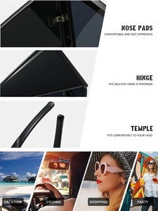 Detailed views of sunglasses nose pads, hinge, and temples with multi-scene usage context