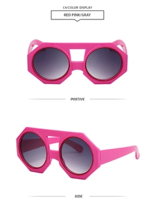 Front and side view of octagonal thick frame sunglasses in red pink with gray lenses