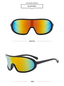 Macro view of oversized sports sunglasses with black frame and colorful gradient lenses