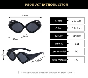 Detailed size chart for geometric triangle sunglasses showing 120mm width and PC frame specs