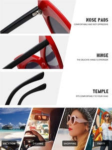Détails de lunettes œil-de-chat rouges avec charnières renforcées et scènes de mode de vie