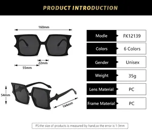 Detailed size chart for oversized bat-wing sunglasses with frame dimensions in mm