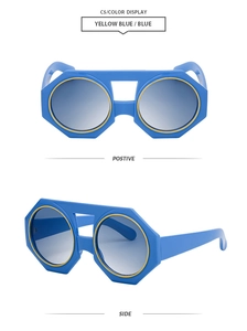 Front and side views of modern geometric sunglasses with yellow and blue octagonal frames