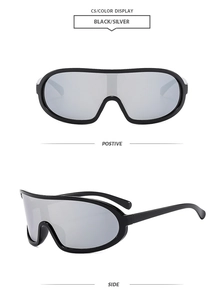 Front and side views of black and silver oversized sporty wraparound sunglasses