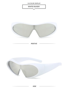 Details einer weißen Steampunk-Sonnenbrille mit silbernen Gläsern und strukturierten Bügeln